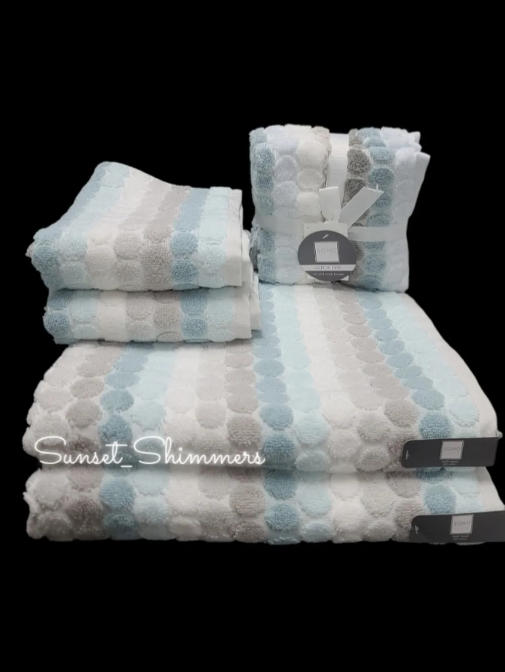 8pc Soho Living Bath Hand Washcloth Striped Dot Aqua Blue Gray Towel Set New